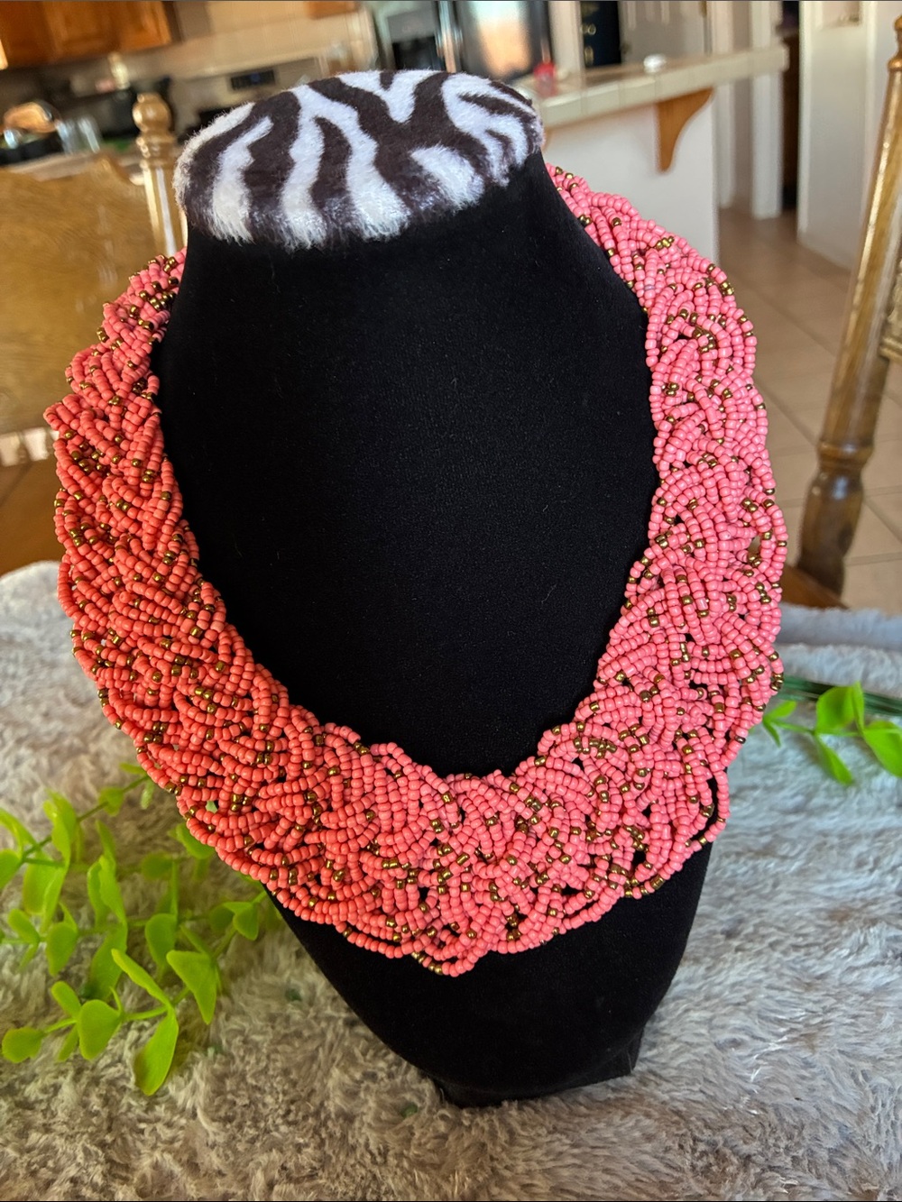 Coral Braided Seed Bead Statement Necklace